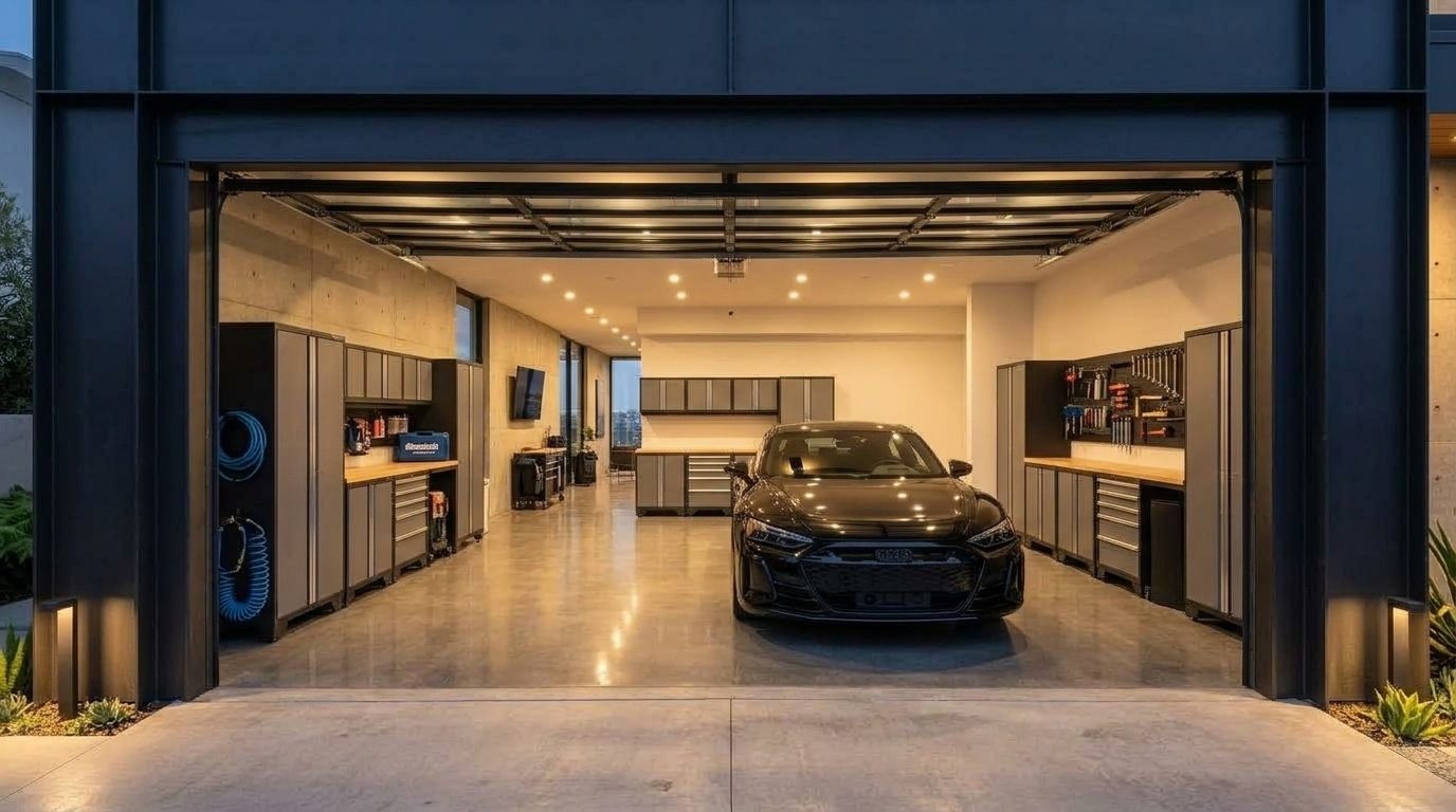 McLeod Local Garage Door Interior View of Custom Garage Door Overhead and Workshop
